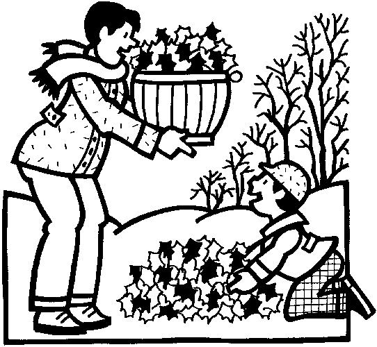 Father and son cleaning leaves